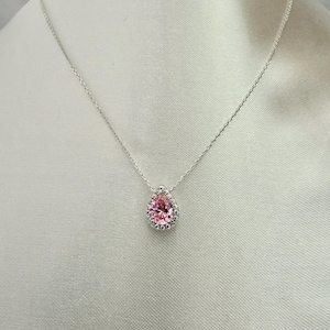 925 Sterling Silver Teardrop Necklace - Zircon Gemstone Teardrop Pendant - Pink Gemstone Pendant Necklace - Dainty Necklace - Gift for Her