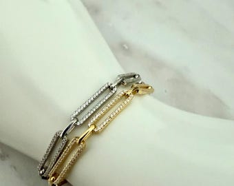 Gold Plated Sterling Silver Diamond Paperclip Bracelet - Gift for Her