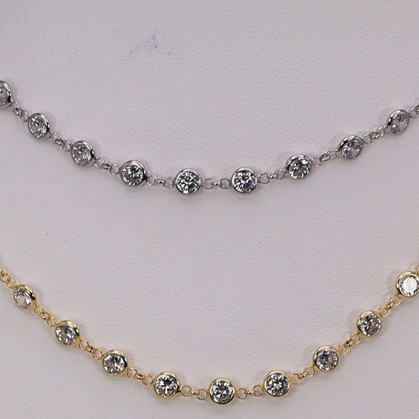 Sterling Silver chain Choker necklace, Bezel set 43 station gemstones