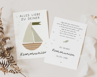 Karte zur Kommunion AUSDRUCKEN Schiff Kommunionskarte mit Spruch - DIY Postkarte Glückwünsche zur Kommunion Boot Schilder Basteln