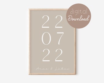 Wedding poster date & name beige PRINT - couple poster gift wedding - anniversary gift instant download couple poster minimal