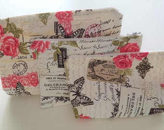 ROMANCE - Handmade Zip Pouch Set, Minimalist Fabric Makeup Bag, Small Zipper Pouch, Everyday Organizer, Travel Cosmetic Bag - 3 PIECES