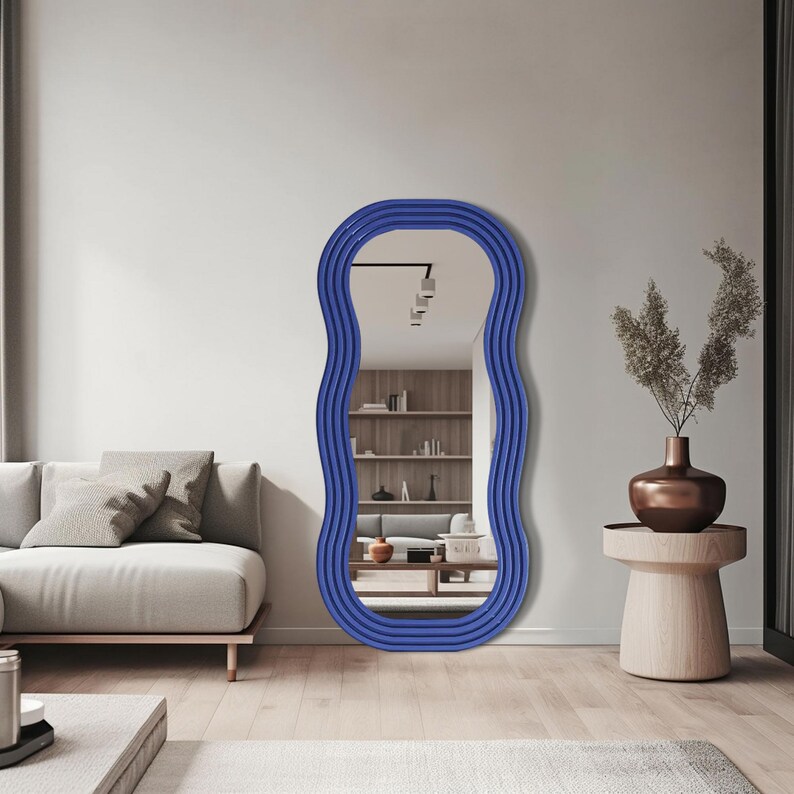 Wavy Shaped Full Length Mirror, Decorative Wood Framed Mirror, Floor