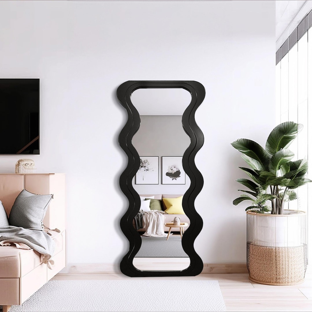 Full Length Wavy Mirror, Wood Frame Curvy Mirror, Decorative Floor