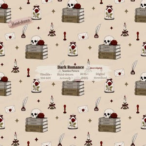 Peut inclure: Un motif numérique répétitif sur fond beige illustrant des crânes sur des piles de livres, des roses rouges sous cloche, des bougies allumées, des sceaux de cire et des plumes dans des encriers, avec le texte Dark Romance Seamless Pattern.