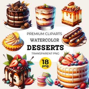 Watercolor Desserts Clipart: Cake, Donut, Cookie PNG (Digital Download)