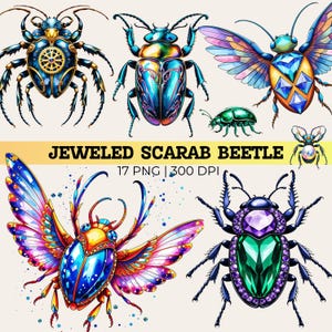 May include: A collection of digitally created jeweled scarab beetle illustrations. The beetles feature intricate designs with vibrant colors, including blue, purple, green, and gold. The text "JEWELED SCARAB BEETLE" is displayed, along with "17 PNG | 300 DPI".