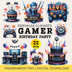Bundle de cliparts anniversaire joueur, jeu vidéo contrôleur aquarelle PNG pour Invitation à une fête, décoration de jeu ballon imprimable le jour J