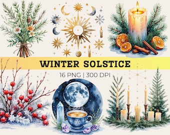 May include: Watercolor illustrations featuring winter solstice themes. Includes a bouquet, celestial elements, a lit candle with orange slices and cinnamon sticks, berries, a full moon with a cup of tea, and candles.