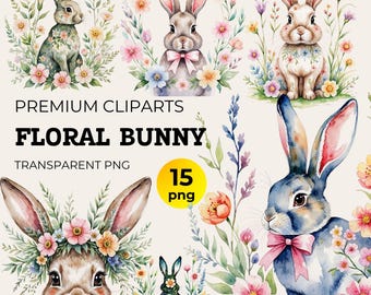 Floral Bunny Clipart: Ostern Kokette Kaninchen PNG (Digital Download)