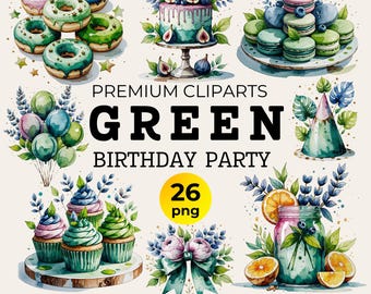 Sage Green Birthday Clipart Bundle: Watercolor Balloons, Cake (PNG Digital Download)