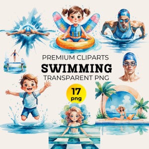 Akvarell simning Clipart Set: Sommarpoolparty PNG (Digital nedladdning)