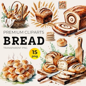 Paquete de imágenes prediseñadas de pan, PNG de panadería de acuarela para amantes de la comida, arte de bagels de masa madre, perfecto para manualidades y proyectos de repostería casera, cesta de pan