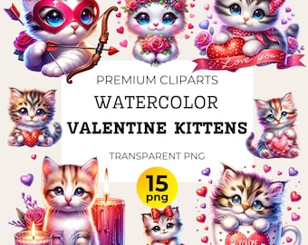 15 lindos gatitos de acuarela para San Valentín, paquete de imágenes prediseñadas del día de San Valentín, lindo gatito gato PNG para diario basura, planificador de álbumes de recortes