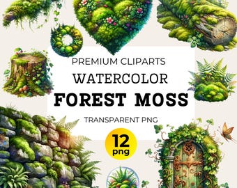 Clipart aquarel mos: bosbotanisch png-bestand (digitale download)