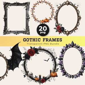 May include: A digital bundle of 20 Gothic frames in PNG format. The collection includes ornate black rectangular frames, circular autumn leaf wreaths with pumpkins, oval frames with skulls and roses, bat wing accents, and crystal-adorned oval frames.