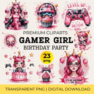 Roze gamer meisje verjaardag clipartset, aquarel roze console headset PNG voor 10e verjaardag nodigt, shirt decor, gaming digitale download png