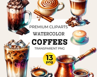 Akvarell kaffe clipart set: Cappuccino, Iskaffe (13 PNG)