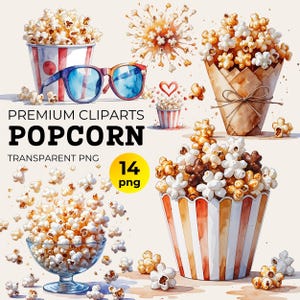 Watercolor Popcorn Clipart Bundle: Retro Movie Night PNG (Digital Download)