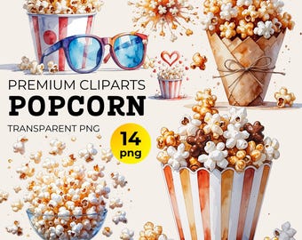 Watercolor Popcorn Clipart Bundle: Retro Movie Night PNG (Digital Download)