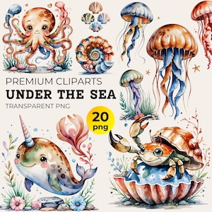 Watercolor Sea Animal Clipart Bundle: Ocean Nursery Decor (PNG)