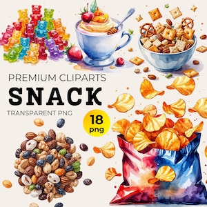 Snack Clipart Bundle, Watercolor Fast Food Candy PNG for DIY Crafts, Popcorn Bowl & Cookie Pretzel Illustrations, Perfect for Sweets Lover