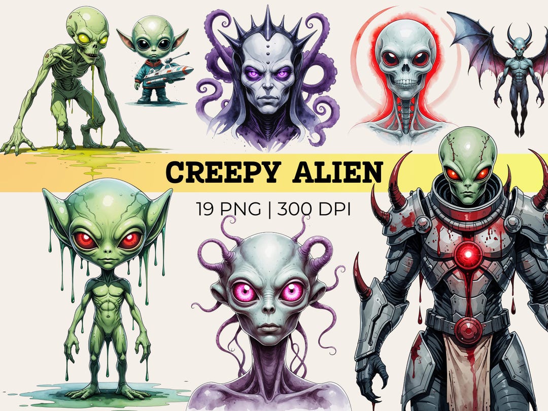 Scary Alien Clipart Set, Creepy Space Monsters & Halloween Alien Pngs ...