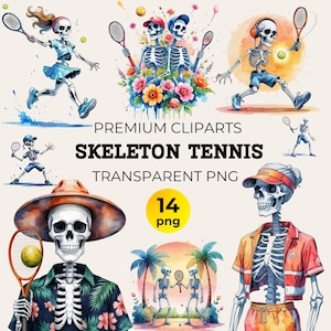 Skelett Tennisspieler Clipart Paket, Aquarell Sportliebhaber PNG für Halloween-Dekor, Tennisspieler Kunst Sublimation Handwerk Deign, Tennisausrüstung