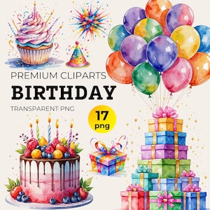 Birthday Clipart Bundle, Happy Birthday PNG & Watercolor Cake Art for Cards, Balloons, Party Hats Celebration Designs PNG, Digital Download