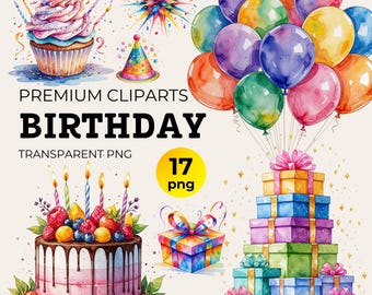 Watercolor Birthday Clipart: Cake, Balloons, Hats (Digital Download)