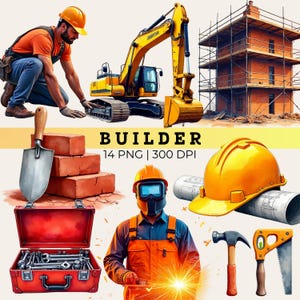 Puede incluir: Una colección digital de gráficos sobre construcción que incluye un constructor con casco naranja, una excavadora amarilla, un edificio de ladrillo con andamios, una paleta, ladrillos, una caja de herramientas roja, un soldador, un casco amarillo, planos, un martillo y una sierra.