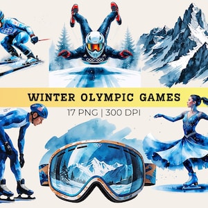 Könnte beinhalten: Aquarellillustrationen von Wintersportlern der Olympischen Spiele. Dargestellt sind Skifahrer, Snowboarder, Eisschnellläufer und eine Eiskunstläuferin. Der Text lautet "Winter Olympic Games" und "17 PNG | 300 DPI".
