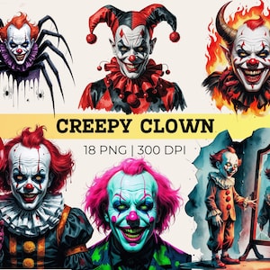 Könnte beinhalten: Eine digitale Kunstsammlung mit verschiedenen gruseligen Clown-Illustrationen. Die Bilder zeigen Clowns mit bedrohlichen Ausdrücken, einige mit spinnenartigen Merkmalen, Hörnern oder Luftballons. Der Text "CREEPY CLOWN" wird zusammen mit "18 PNG | 300 DPI" angezeigt.