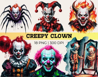 Pacchetto di clipart di clown inquietanti / PNG di circo horror spaventoso / Download digitale di clown malvagio di Halloween gotico