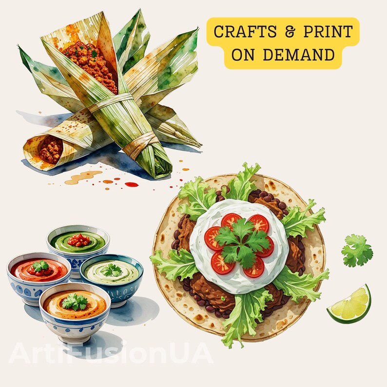 Watercolor Mexican Food Clipart: Fiesta Taco & Burrito Designs (PNG ...