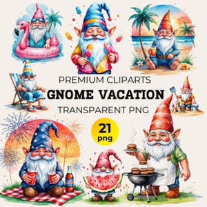 Summer Vibe Gnome Clipart Set, Watercolor Beach Ocean PNG for DIY, Tropical Gnome Vacation Digital Art Sandcastle Fun Seaside Advanture