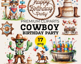 Cowboy verjaardag clipartset: aquarel rodeofeest, png (digitale download)