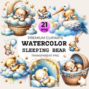 Watercolor Sleeping Teddy Bears Collection Clipart, 24 PNG Cute Teddy Bear On The Moon Clipart, Boho Teddy Bear Clipart, Commercial Use