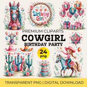 Cowgirl verjaardag clipartbundel, aquarel roze hoed laarzen png voor uitnodiging voor feest, rodeopaard decor viering afdrukbare, countrygirl