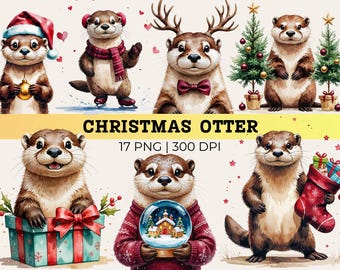 May include: Watercolor illustrations of otters in festive Christmas attire. One otter wears a Santa hat, another a scarf and ice skates, and others sport reindeer antlers, bow ties, and hold gifts. The text "CHRISTMAS OTTER" is displayed.