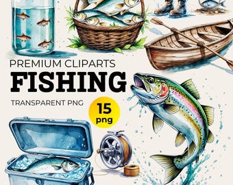 Watercolor Fishing Clipart Bundle: Bass, Boat, Rod (PNG Digital Download)