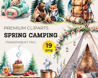 Pacchetto di clipart di campeggio primaverile ad acquerello: animali della foresta, tende (PNG)