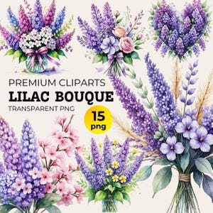 Lilac Clipart Bundle for Sublimation & Craft, Watercolor Spring Wildflower Clipart, Rustic Botanical Garden Clipart, Purpule Lilac Print Art