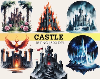 Imágenes prediseñadas de castillo medieval en acuarela, arte PNG de castillo de fantasía gótica