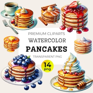 Watercolor Pancake Clipart Bundle, Food Clipart Png, Sweet Breakfast Clipart, Card Making Paper Craft, 14 High Quality PNGs,  Commercial Use