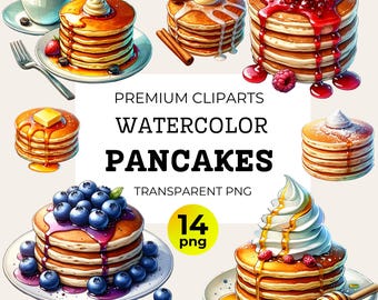 Watercolor Pancake Clipart Bundle, Breakfast Food PNGs (14 Files)