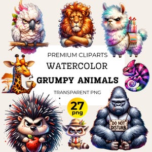 Watercolor Funny Grumpy Animals Collection Clipart, 27 PNG Funny Grumpy Safari Animals Clipart, Cartoon Pet Prints Bundle, Commercial Use
