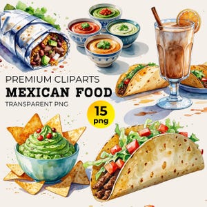 Watercolor Mexican Food Clipart: Fiesta Taco & Burrito Designs (PNG Digital Download)