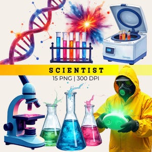 Puede incluir: Un conjunto de ilustraciones digitales que incluye una cadena de ADN, un soporte con cinco tubos de ensayo con líquidos de colores, una centrífuga, un microscopio, tres matraces Erlenmeyer con líquidos y una persona con traje amarillo.