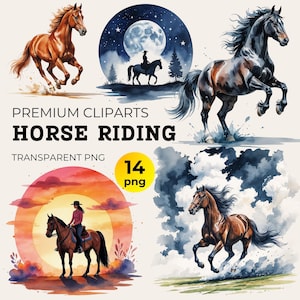 Horse Riding Clipart Bundle for Scrapbook & Sublimation, Watercolor Horse Lover PNG,Western Cowboy riding Horse Clipart,Horseback Riding PNG